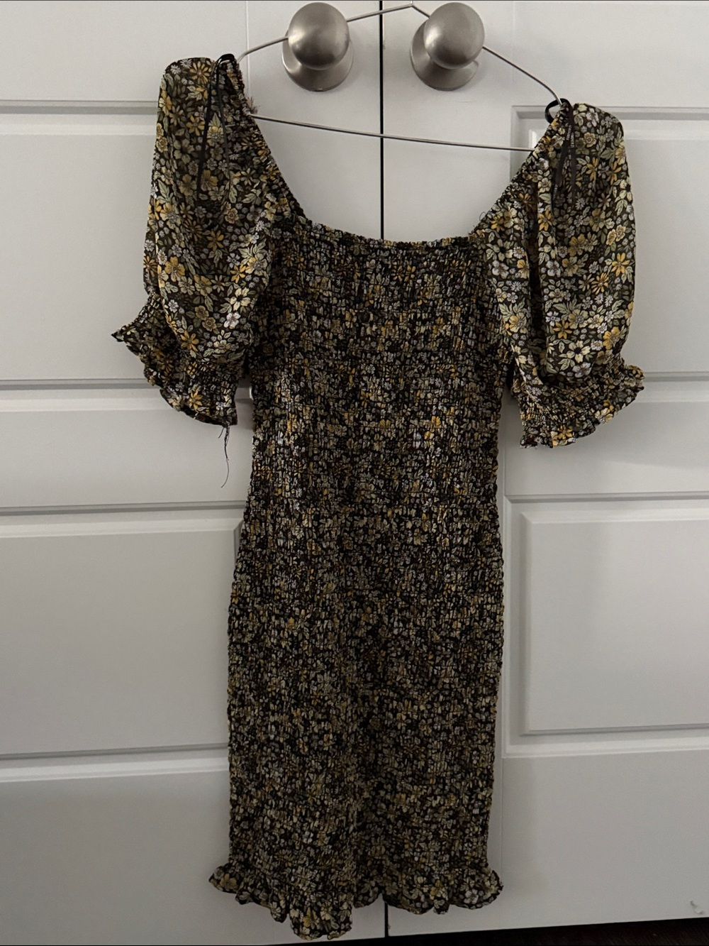 Forever 21 Black Floral Smocked Midi Dress with Yellow Accents